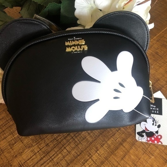Minnie Mouse Cosmetic Case NWT | Black Faux Leather Gold Bow Makeup Bag - Picture 2 of 3